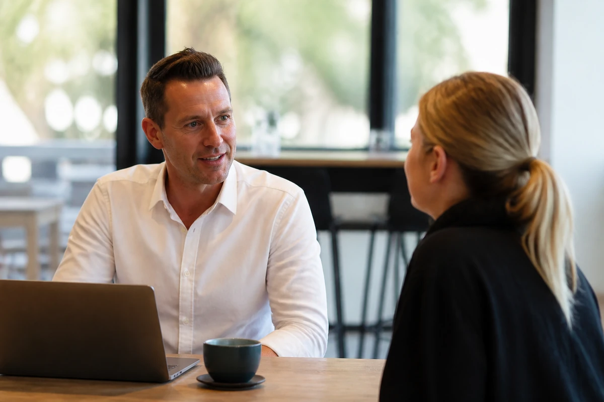 Average Australian small business owner in a realistic local business setting having a natural conversation related to the article topic, no