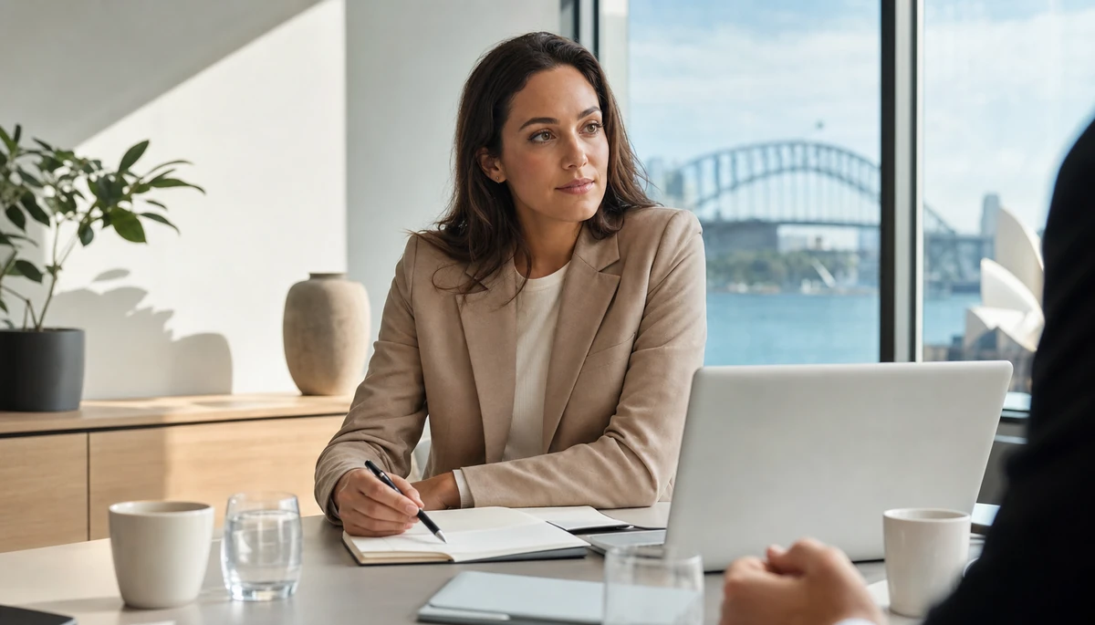 Young professional woman in a consultation setting discussing AI optimisation agency support