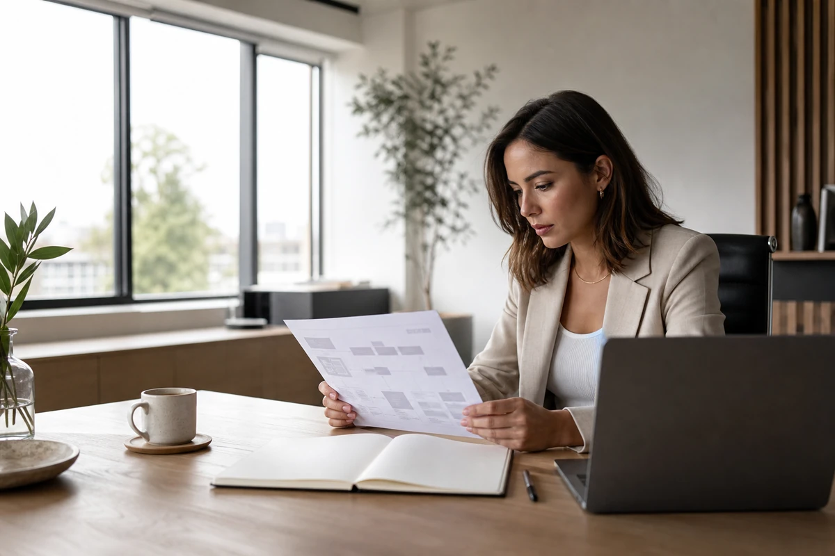 Young professional woman reviewing an AI search optimisation site map beside a laptop