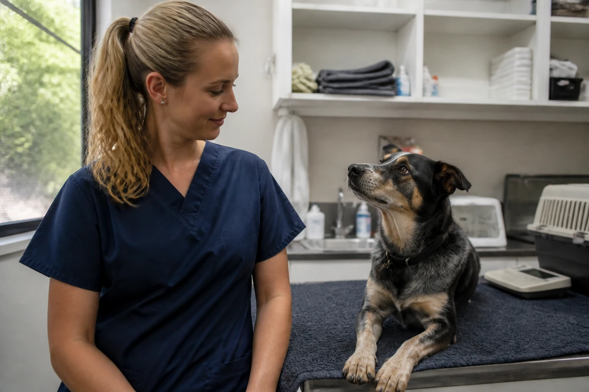 Vet staff member with a dog in a veterinary treatment room