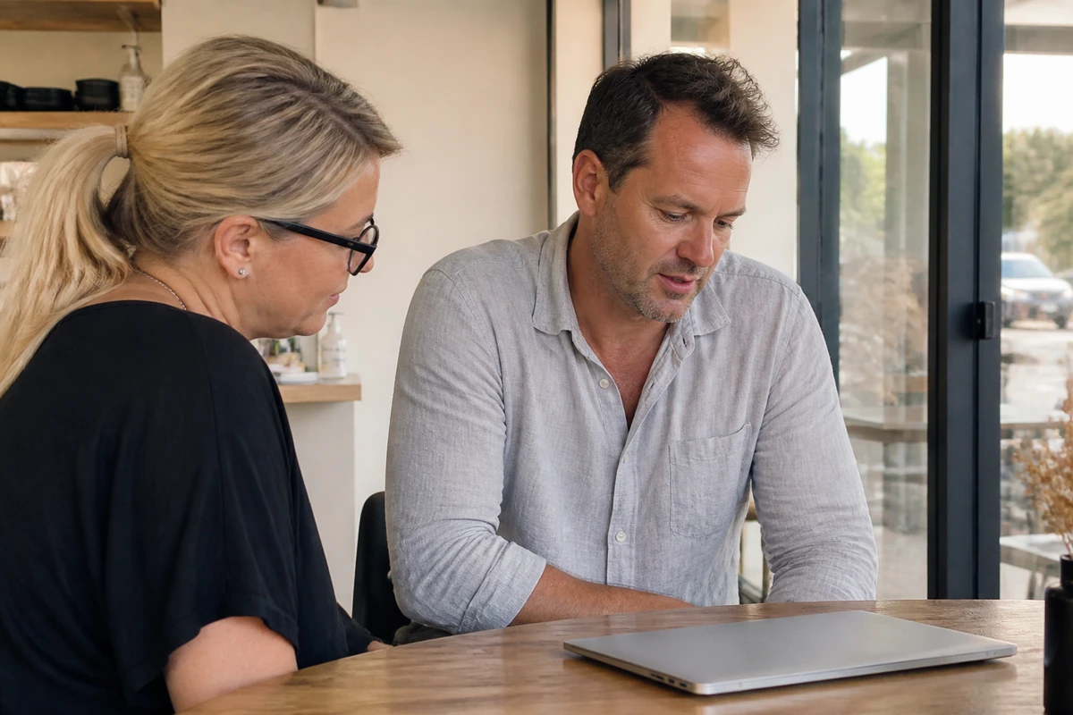 Australian business owner and consultant discussing a simple search strategy on a clean table