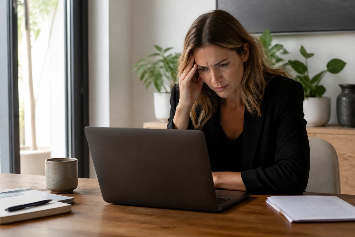 Young businesswoman looking frustrated while reviewing poor results from cheap SEO on a laptop
