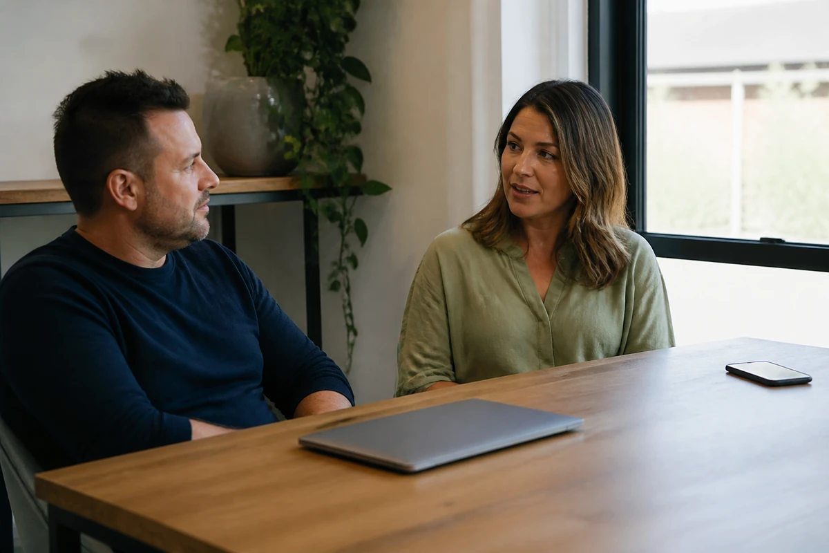 Australian business owner and consultant discussing a simple search strategy on a clean table