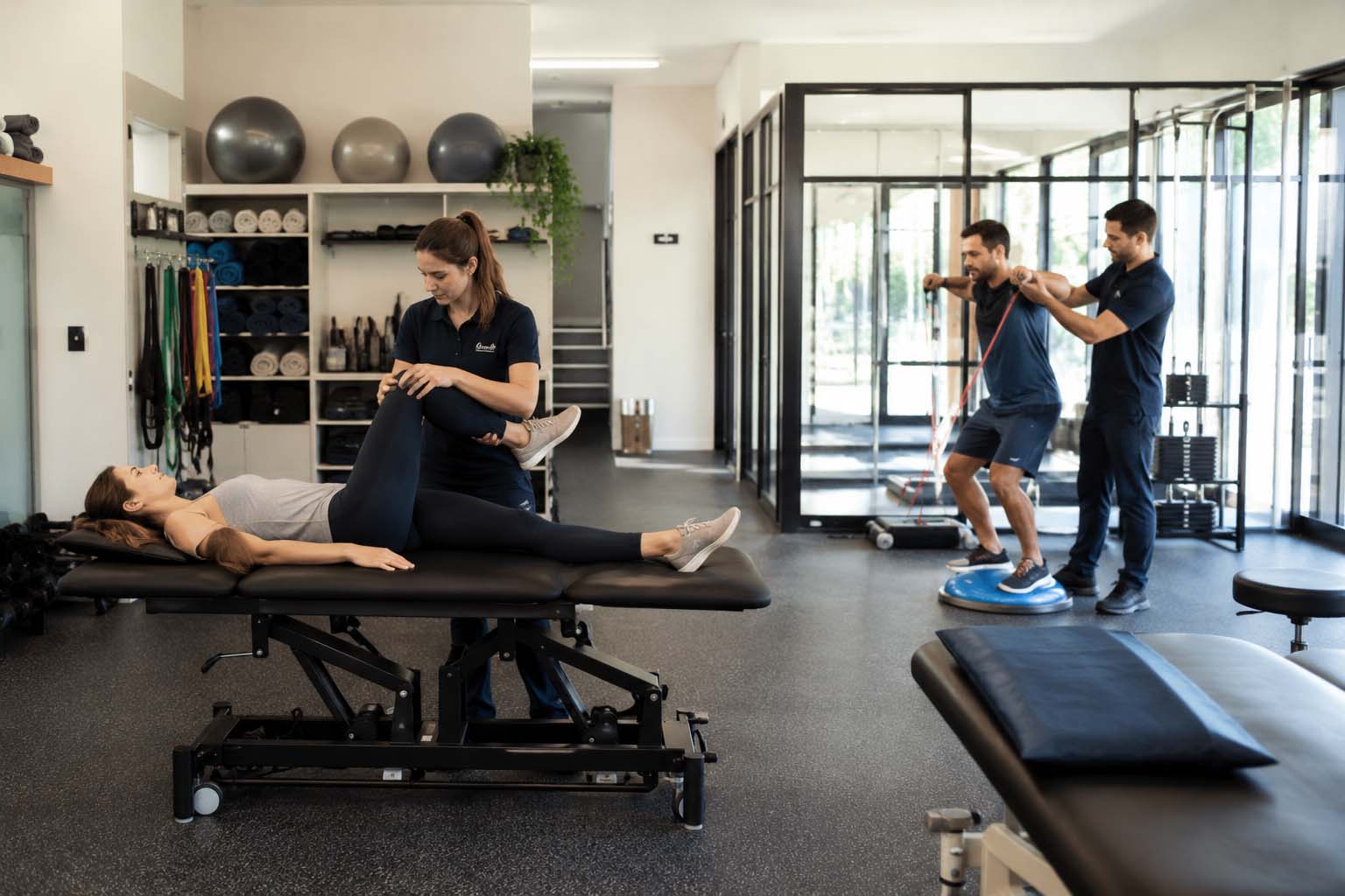 Physio clinic treatment setup showing different rehabilitation and treatment options