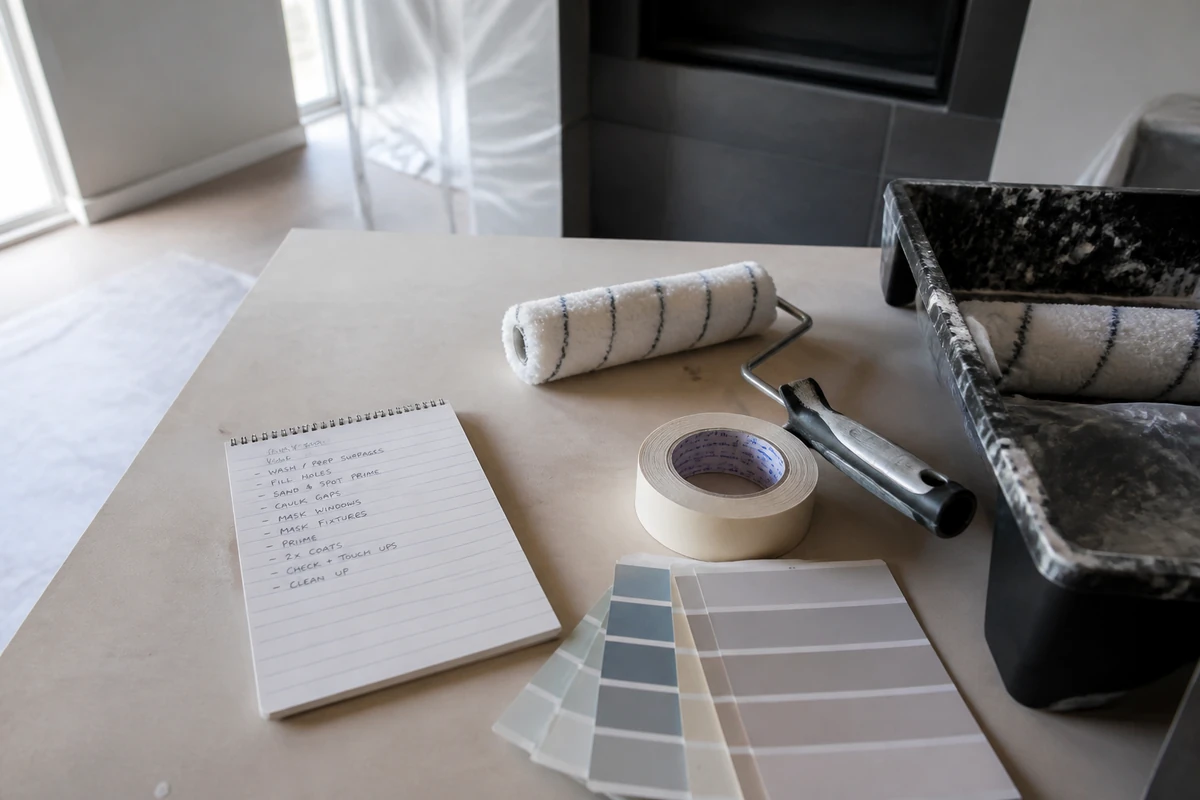 Painting service checklist beside rollers and colour samples