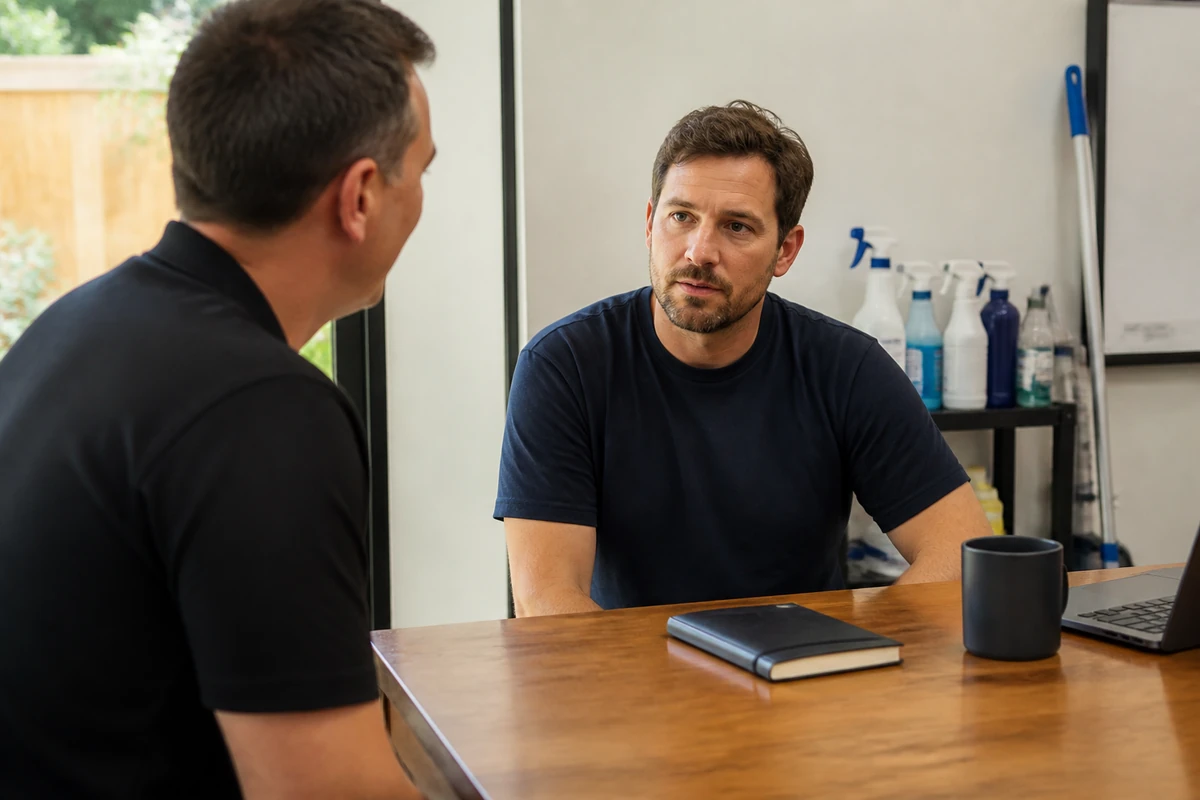 Australian small business owner reviewing a simple budget conversation with a consultant, notebook, no calculator close-up