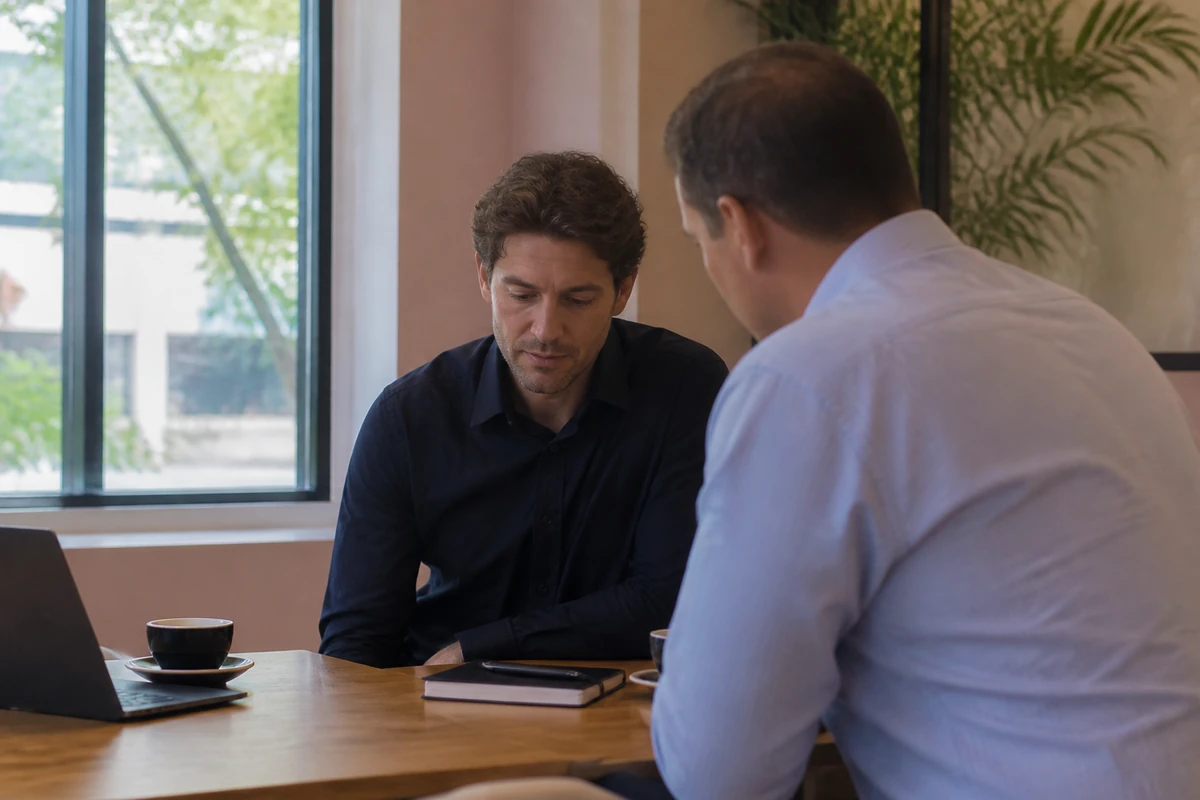 Australian small business owner reviewing a simple budget conversation with a consultant, notebook, no calculator close-up