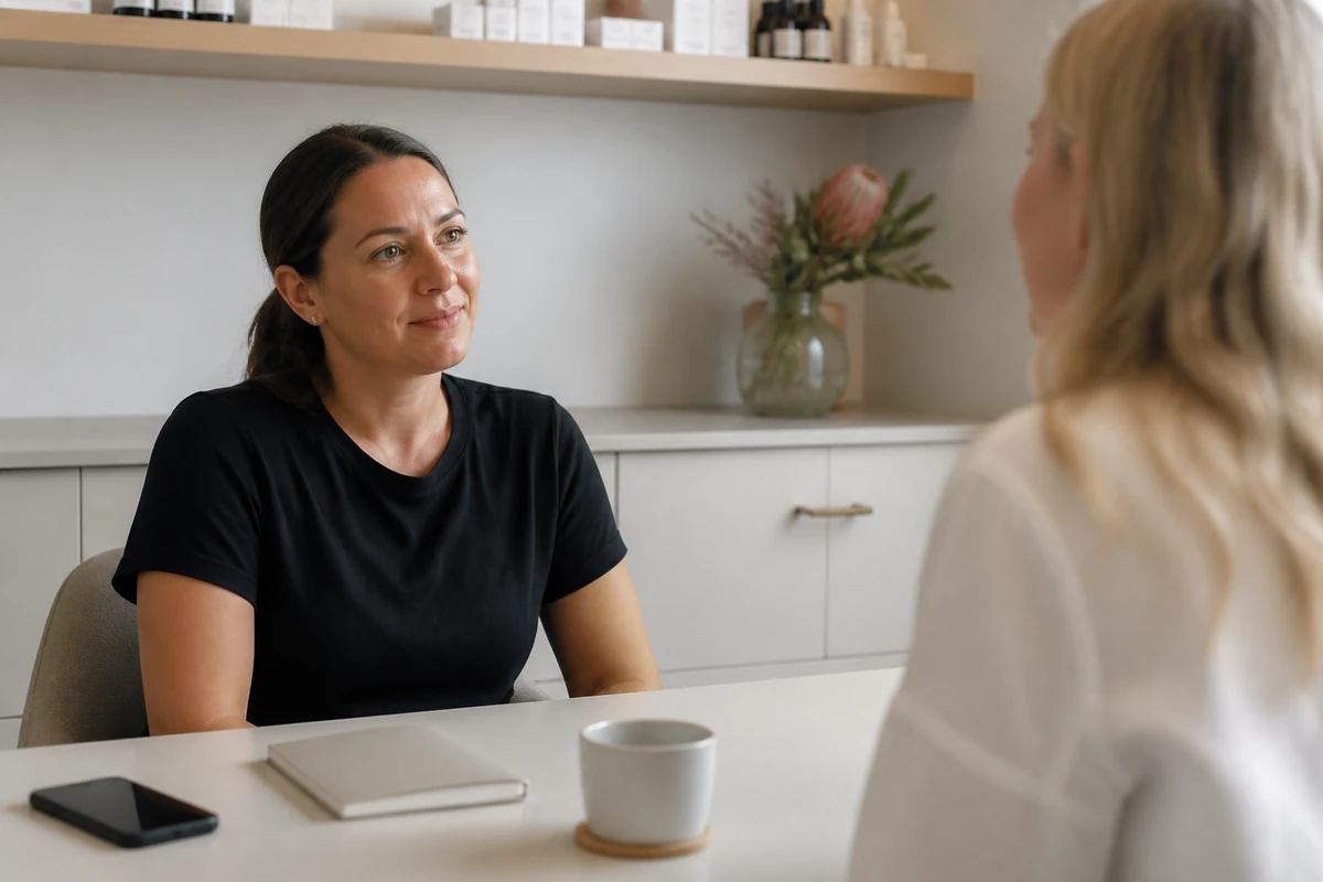 Australian small business owner reviewing a simple budget conversation with a consultant, notebook, no calculator close-up