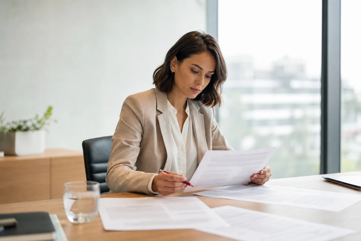 Young professional woman reviewing weak AI content with a red pen