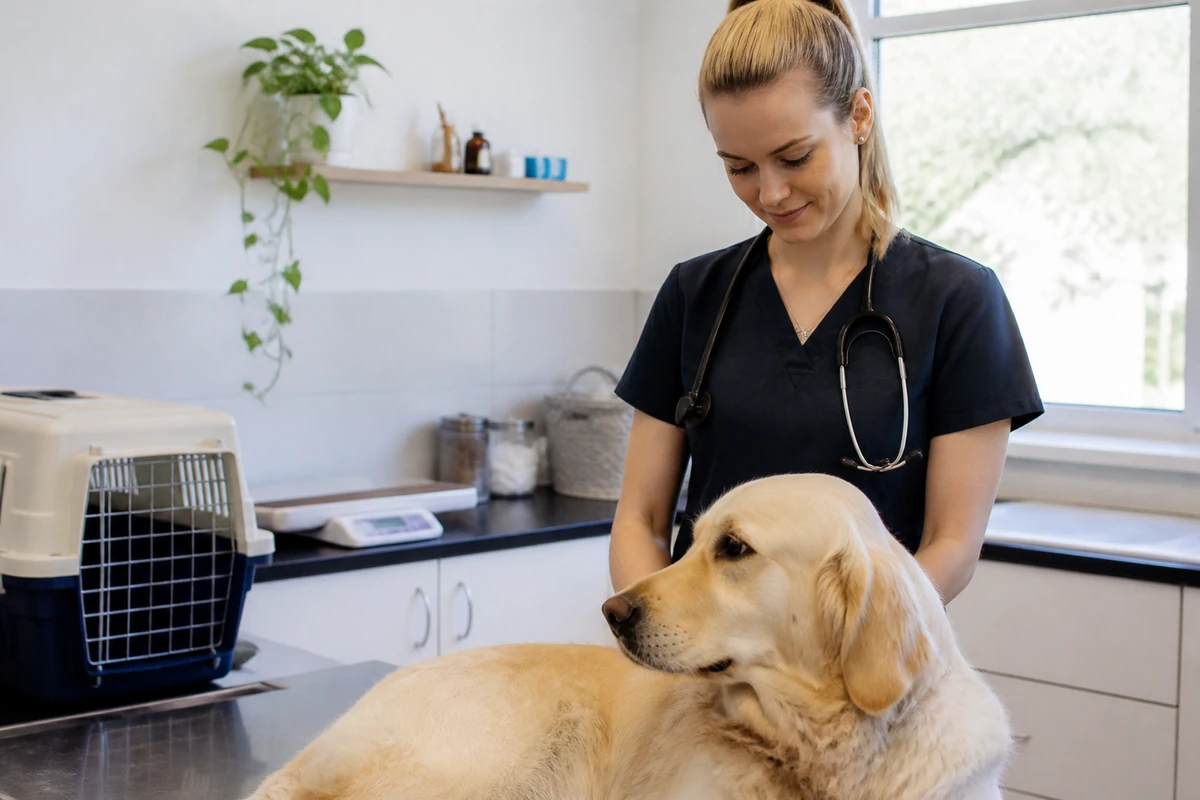 Vet staff member with a dog in a veterinary consultation room