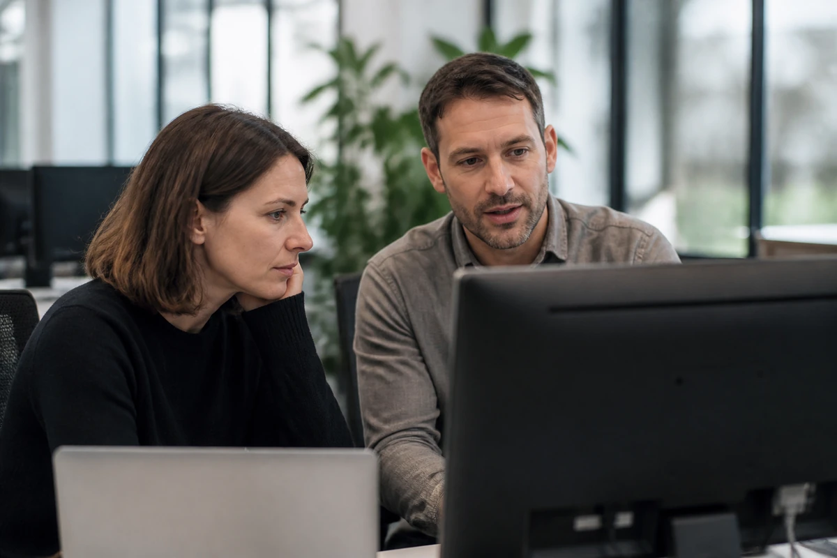 Business owner and SEO consultant discussing how content is structured for AI search while working at a computer