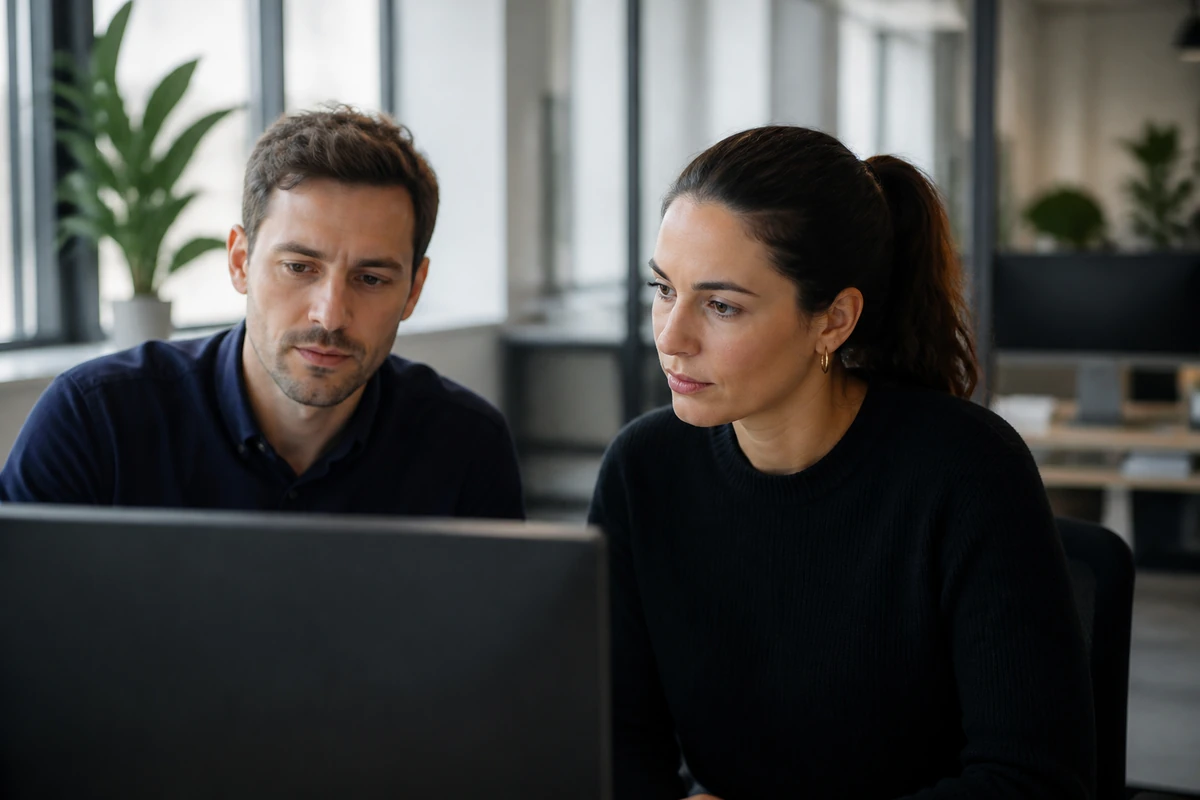 SEO consultant and business owner comparing AI SEO tools while working together at a computer