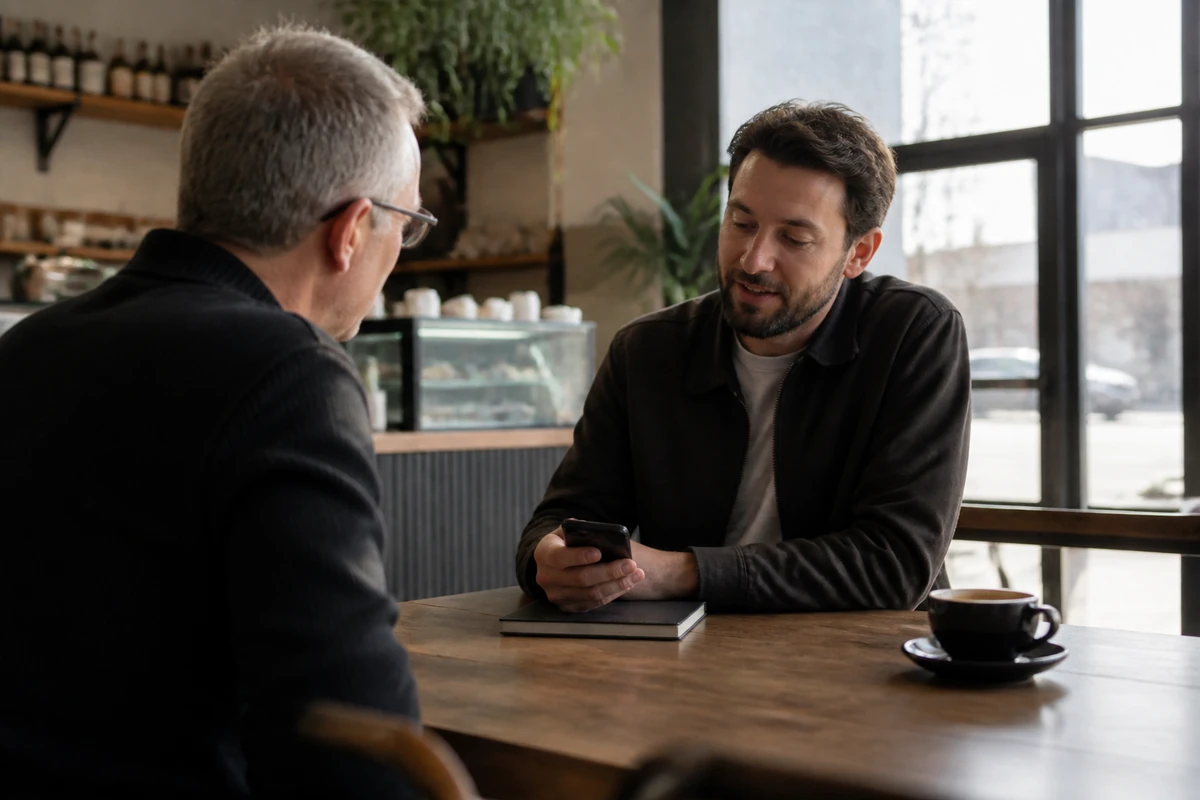 Ballarat business owner using a phone to review simple notes while speaking with a consultant, or readable text