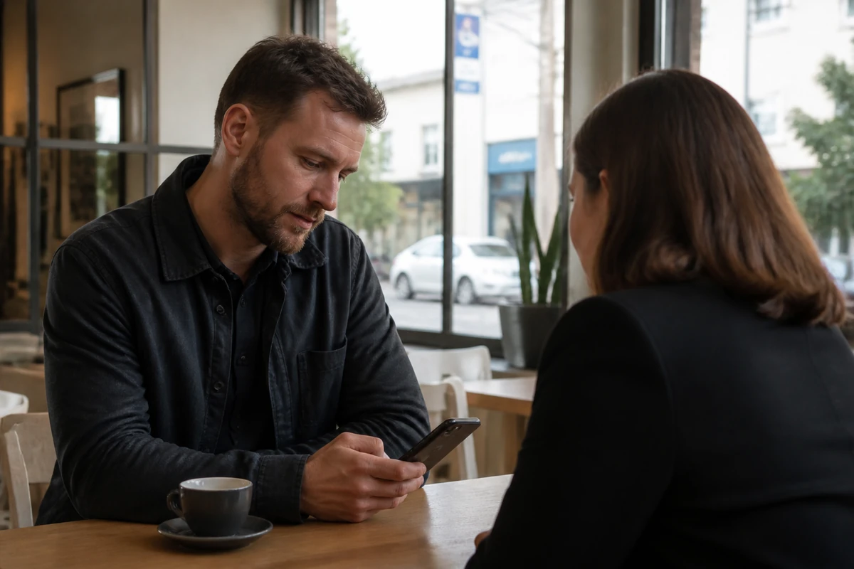 Geelong business owner using a phone to review simple notes while speaking with a consultant, or readable text