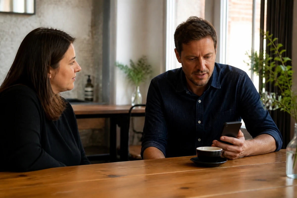 Australian business owner using a phone to review simple notes while speaking with a consultant, or readable text