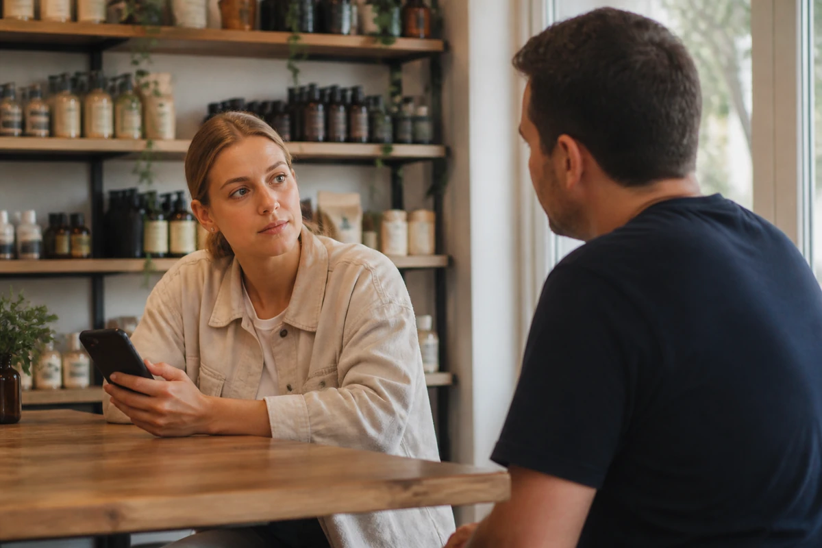 Australian business owner using a phone to review simple notes while speaking with a consultant, or readable text