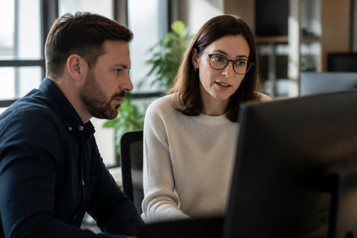 Business owner and SEO consultant reviewing AI content on a computer while discussing what ChatGPT can and cannot help with