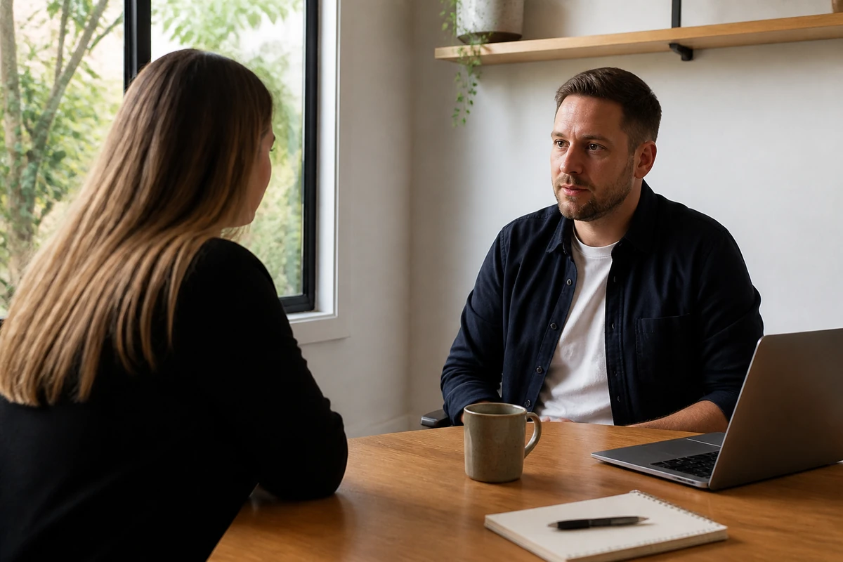 Australian business owner in a realistic consultation with one independent consultant, simple office setting, no boardroom or corporate