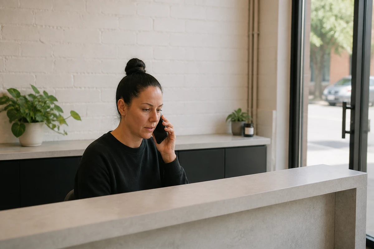 Ballarat service business owner answering a customer phone call near a clean front counter, natural expression, phone partly obscured