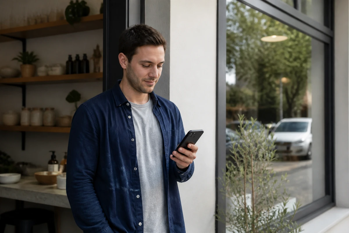 Ballarat business owner standing near their shopfront or reception area while checking a phone angled away