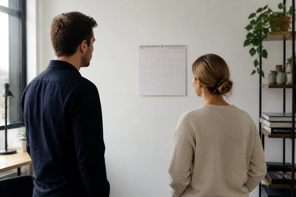 Small business owner and consultant looking at a simple wall calendar from a distance, calendar unreadable, natural office light