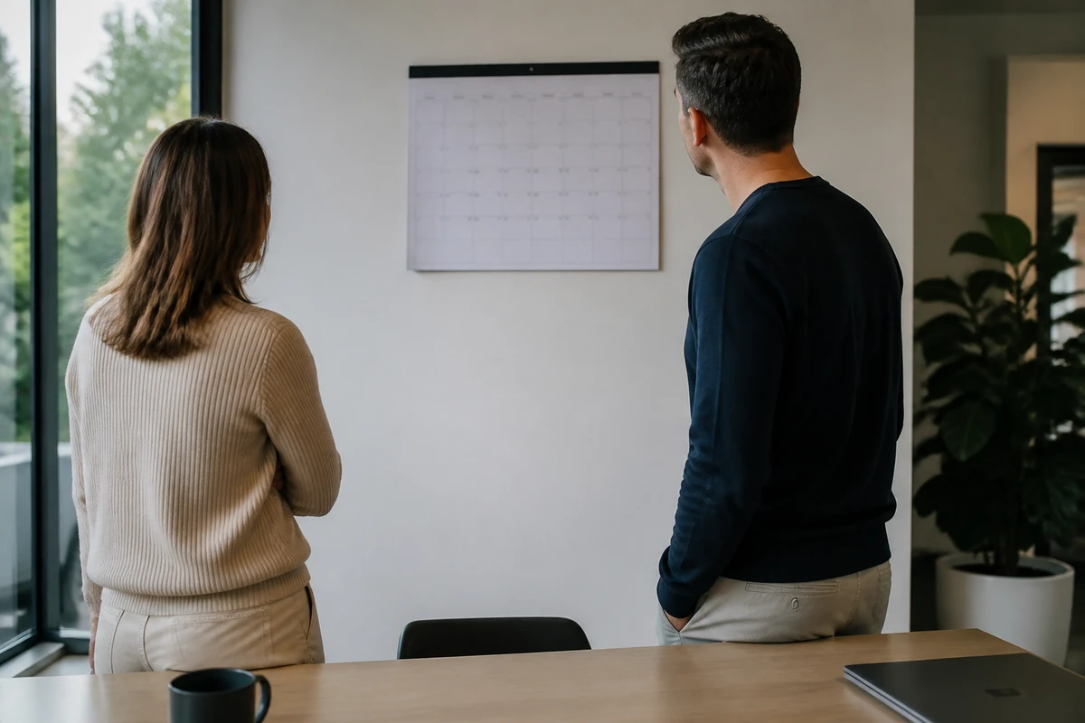 Small business owner and consultant looking at a simple wall calendar from a distance, calendar unreadable, natural office light