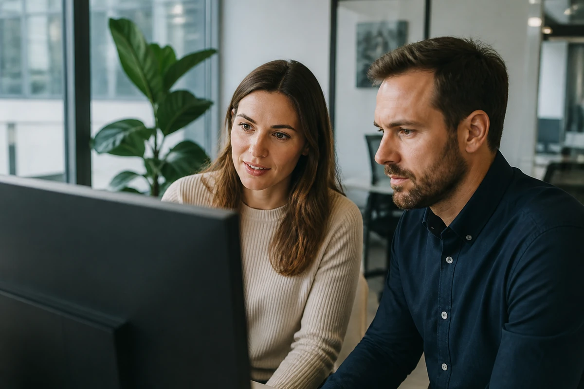 SEO consultant and business owner discussing AI SEO pricing and scope while seated at a computer in a modern office