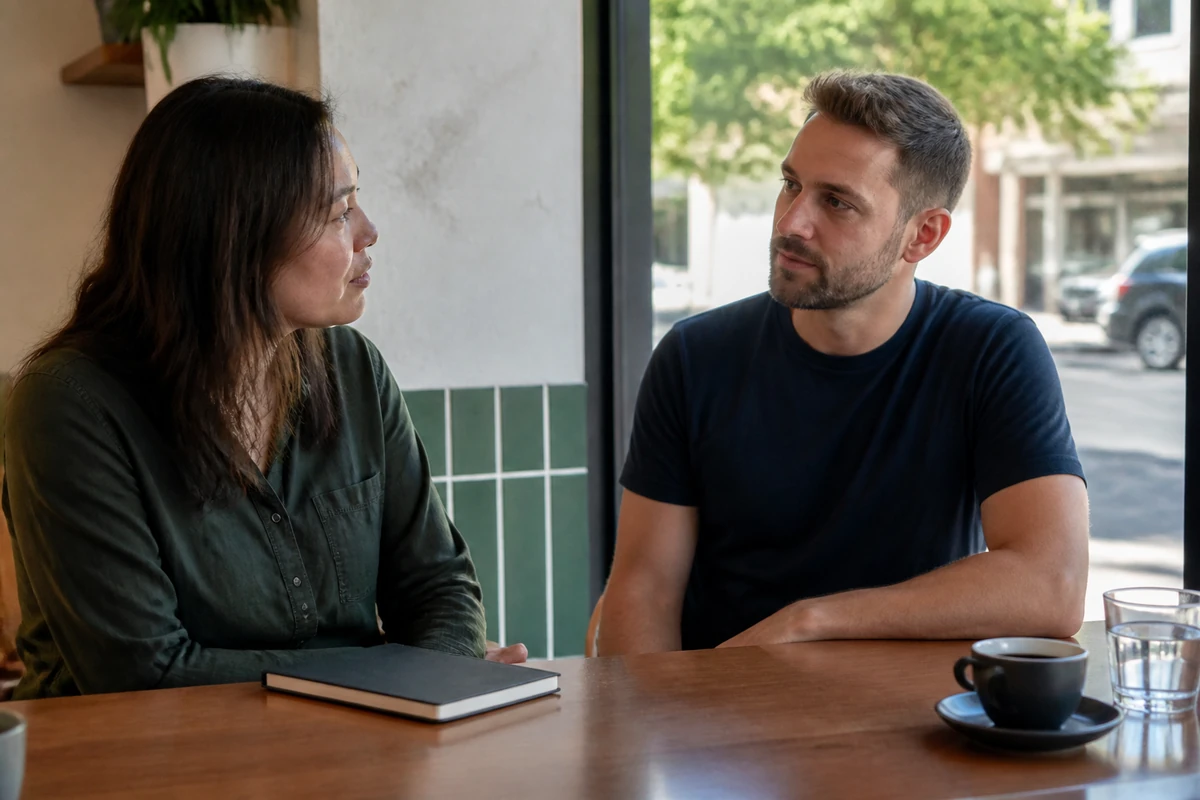 Sydney small business owner reviewing a simple budget conversation with a consultant, notebook, no calculator close-up