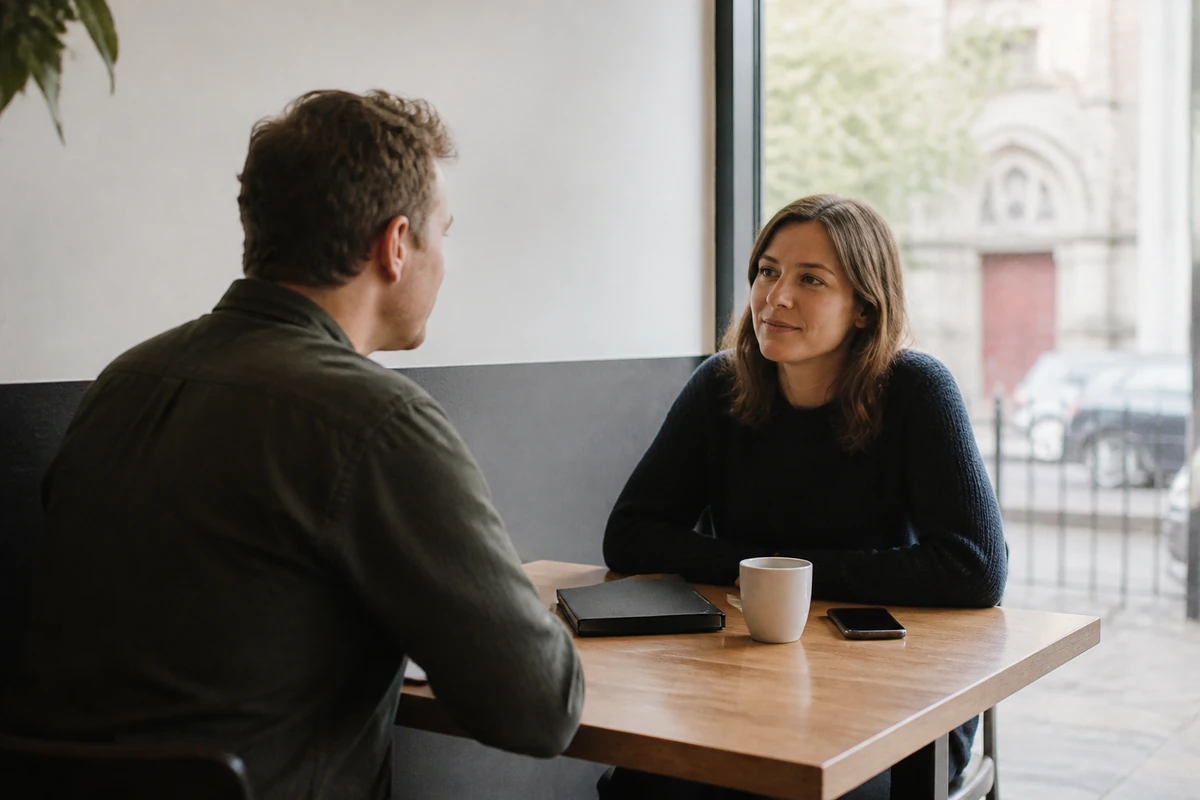 Ballarat small business owner reviewing a simple budget conversation with a consultant, notebook, no calculator close-up