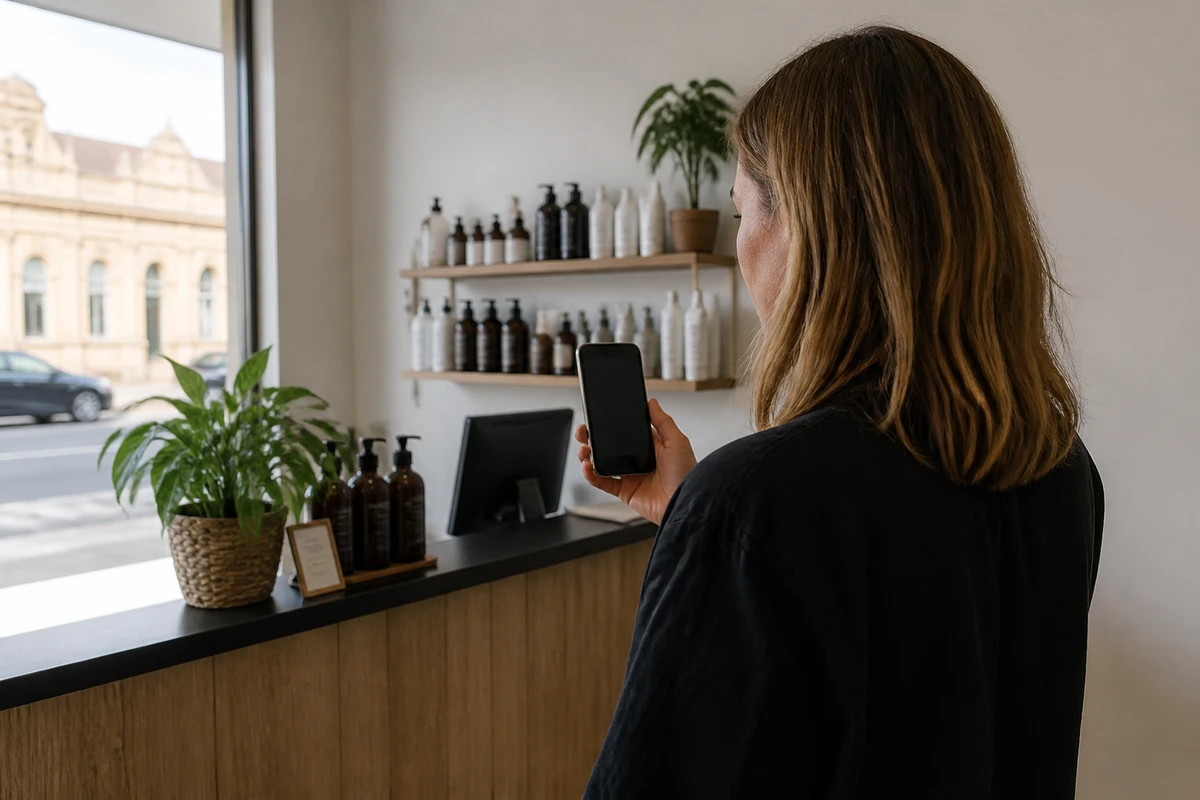 Ballarat local business owner taking a natural phone photo near the front counter of a clean shop or clinic, phone