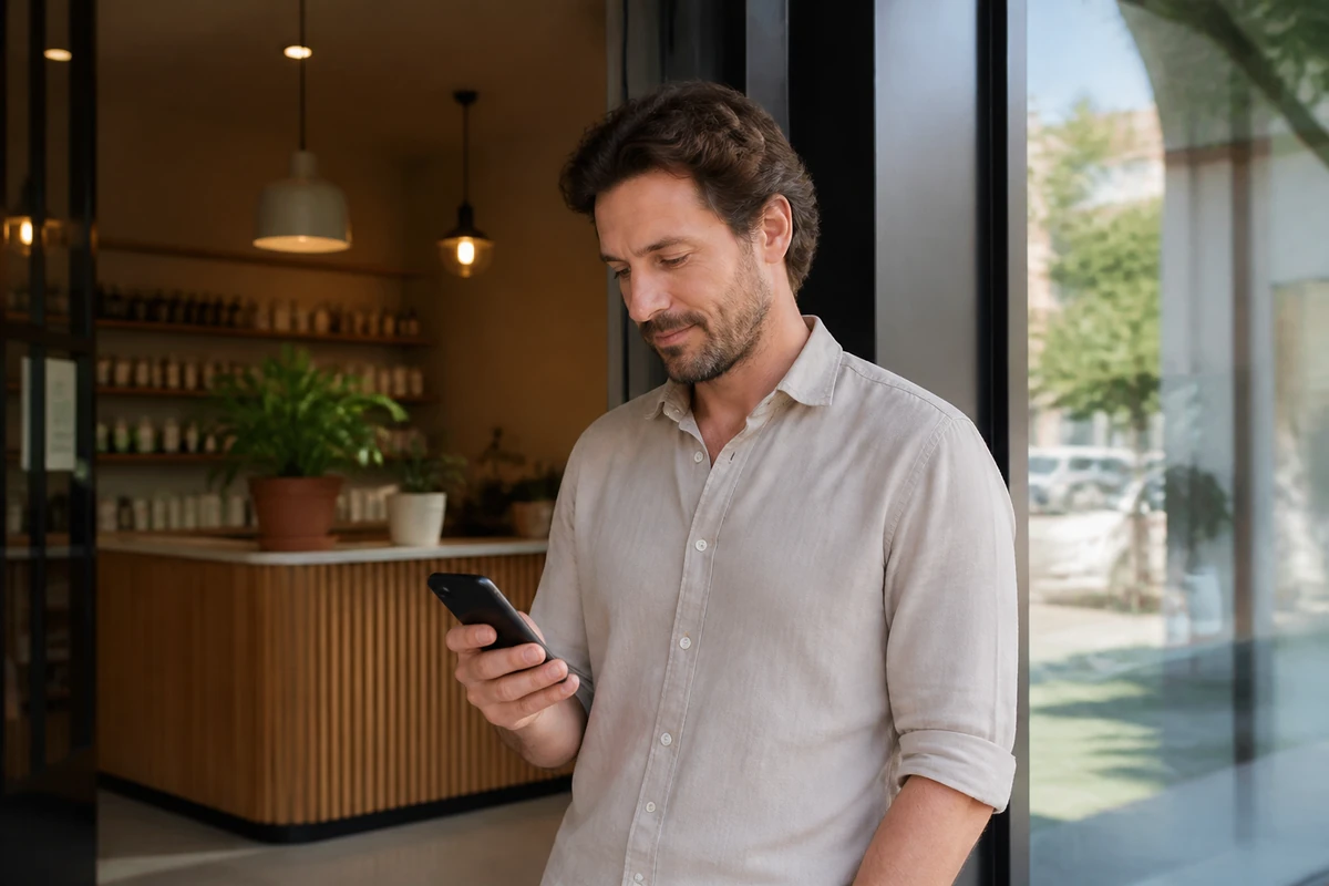 Sydney business owner standing near their shopfront or reception area while checking a phone angled away