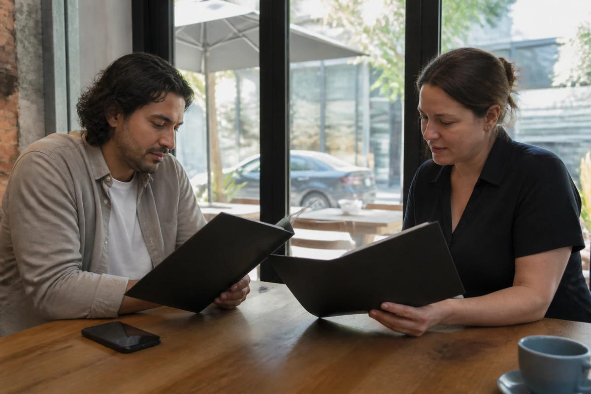 Sydney small business owner comparing two simple printed proposal folders with a consultant, proposal folders