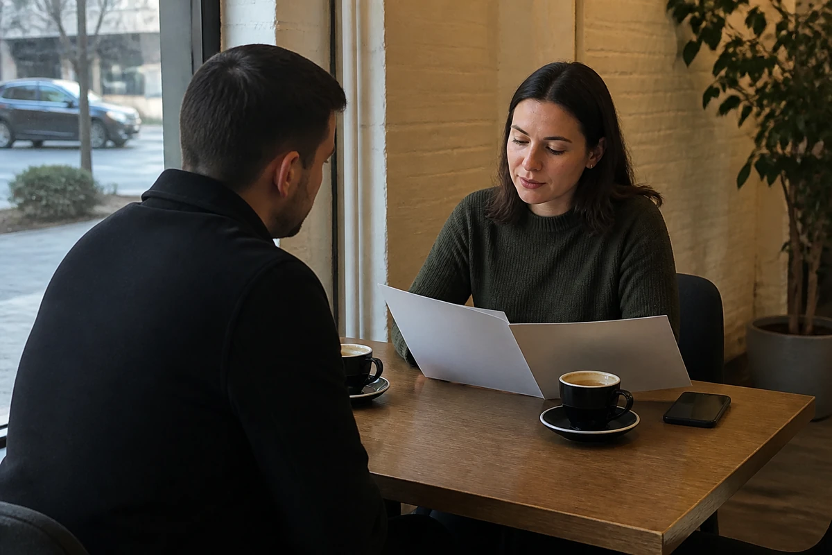 Melbourne small business owner comparing two simple printed proposal folders with a consultant, proposal folders