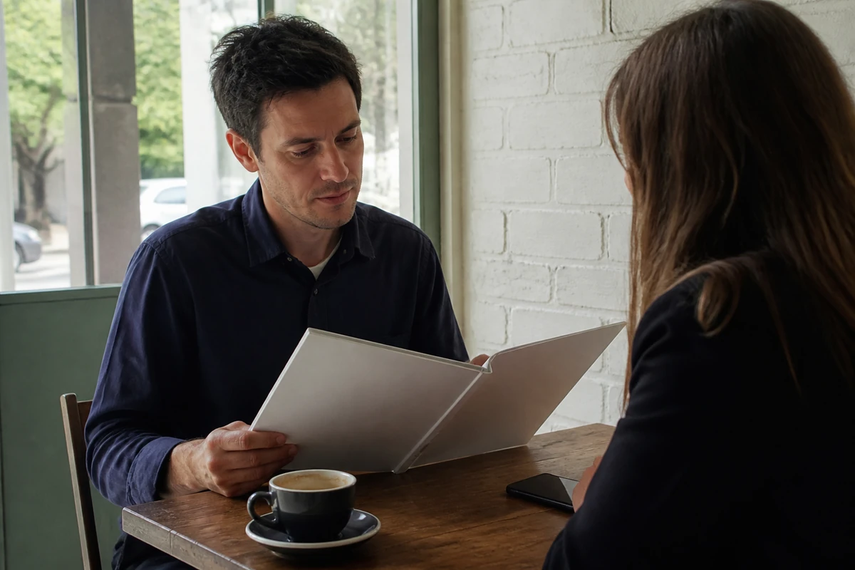 Sydney small business owner comparing two simple printed proposal folders with a consultant, proposal folders