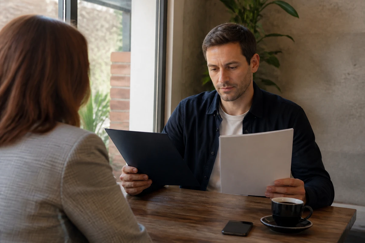 Sydney small business owner comparing two simple printed proposal folders with a consultant, proposal folders