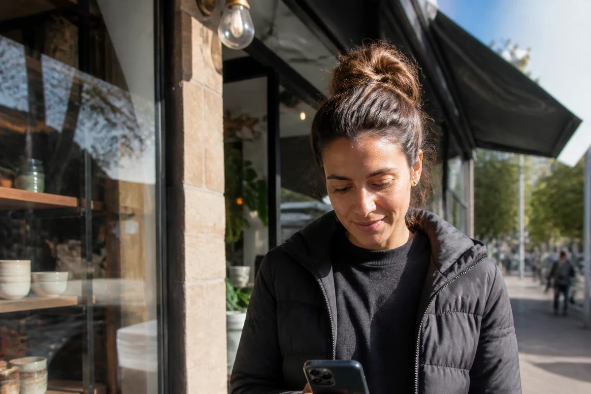 Small Wollongong shop owner standing outside their storefront and checking a phone
