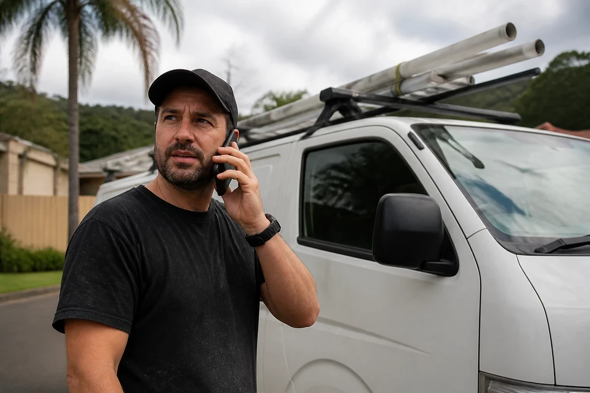 Wollongong service business owner taking a phone enquiry beside a work vehicle