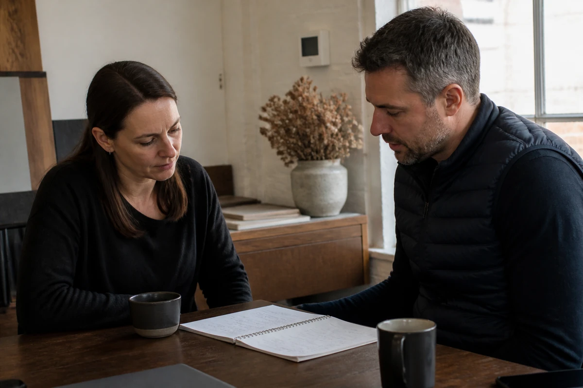 Ballarat small business owner in a quiet local service business looking over customer enquiry notes with a consultant, calm practical mood, no