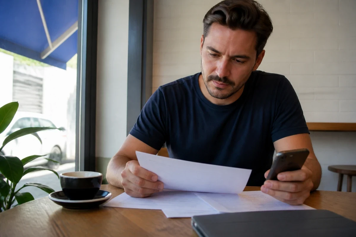 Wollongong business owner reviewing local service page notes at a cafe table