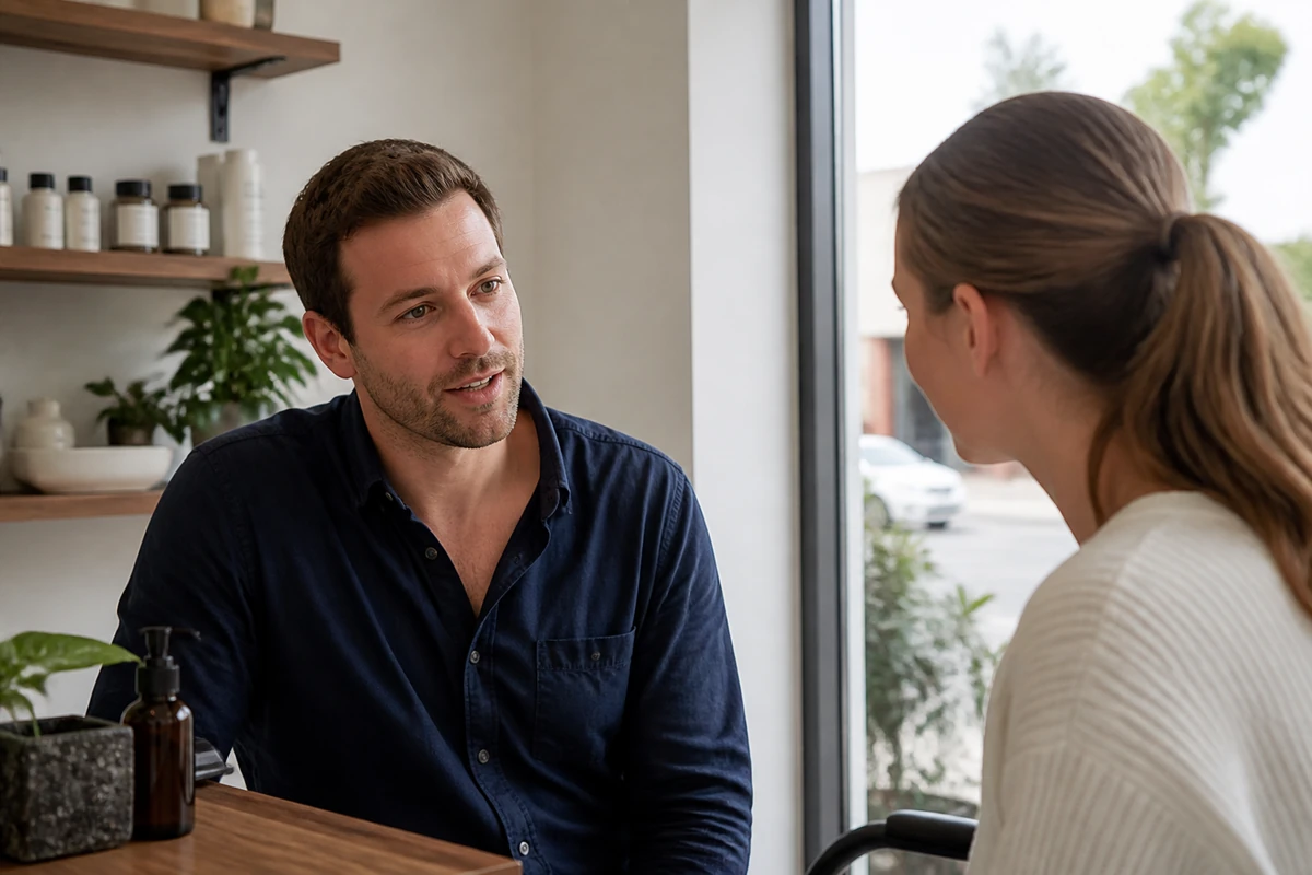 Sydney local service business owner speaking with a nearby customer inside a real shop or clinic style environment, natural and unposed