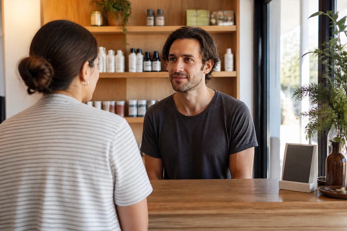Australian local service business owner speaking with a nearby customer inside a real shop or clinic style environment, natural and unposed
