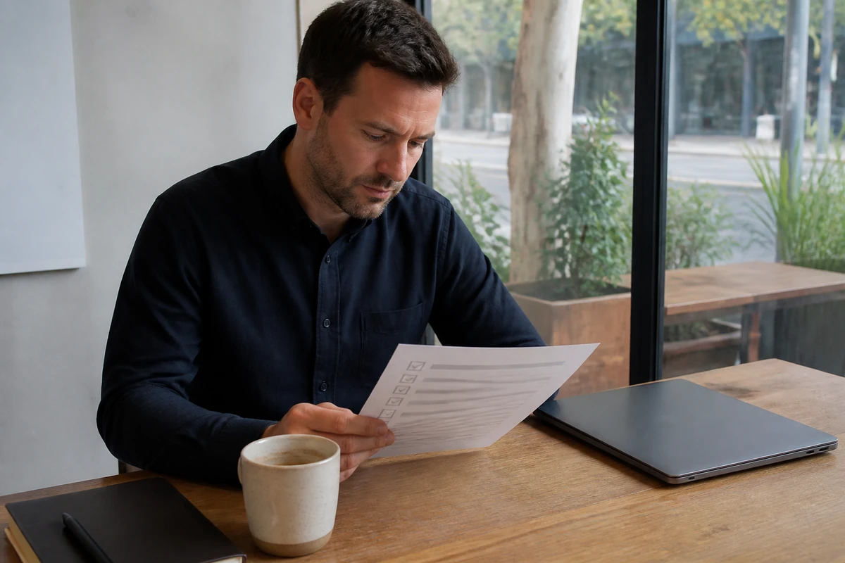 Australian small business owner and consultant reviewing a printed website checklist beside a closed laptop