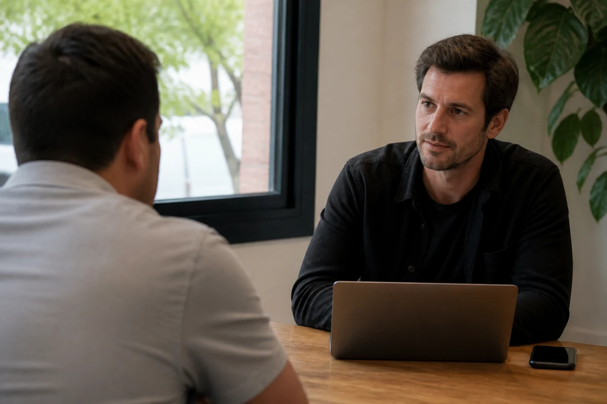 Sydney business owner in a realistic consultation with one independent consultant, simple office setting, no boardroom or corporate stock-photo