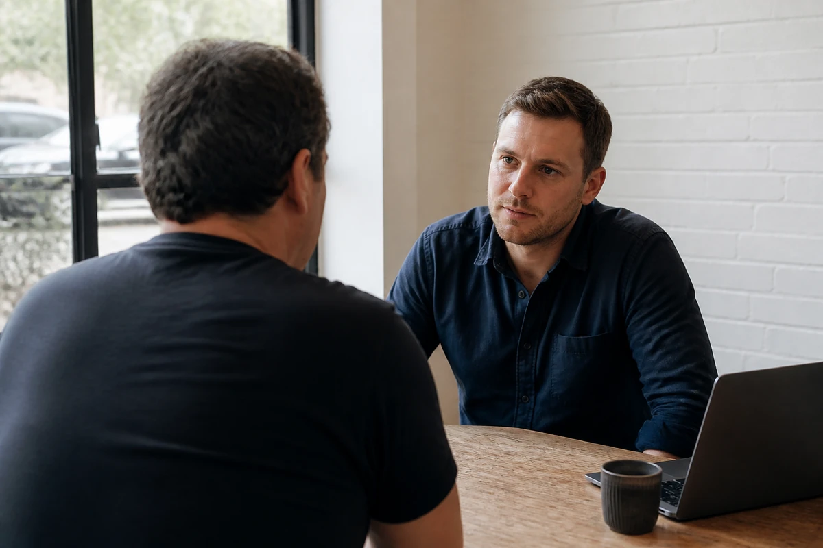 Australian business owner in a realistic consultation with one independent consultant, simple office setting, no boardroom or corporate