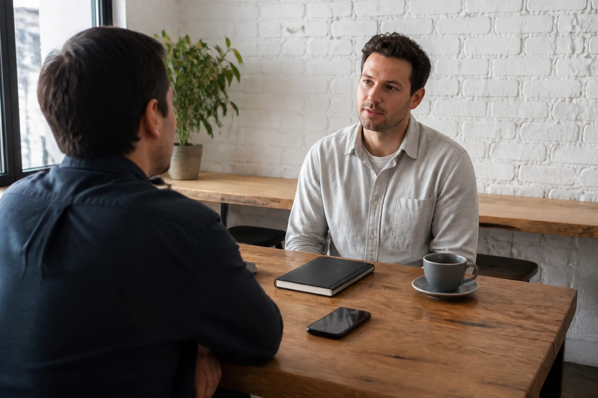 Sydney small business owner reviewing a simple budget conversation with a consultant, notebook, no calculator close-up