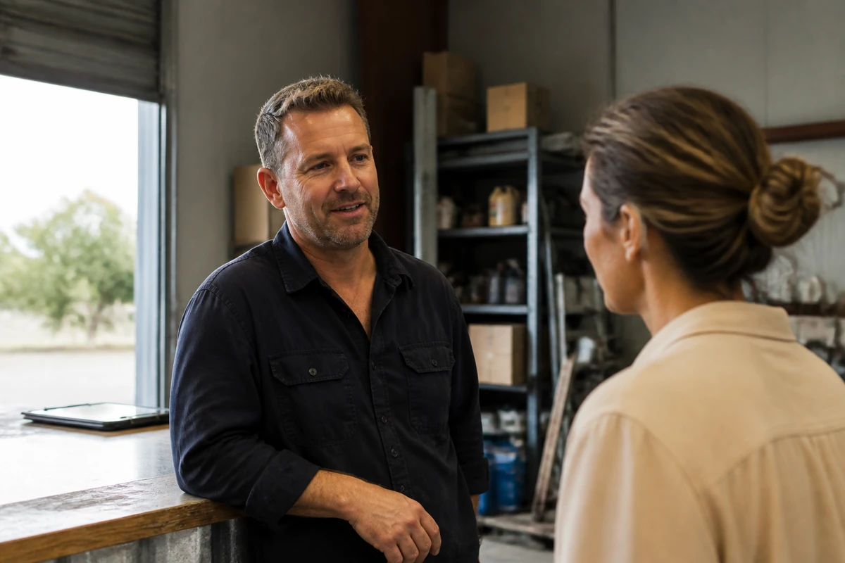 Average Australian small business owner in a realistic local business setting having a natural conversation related to the article topic, no