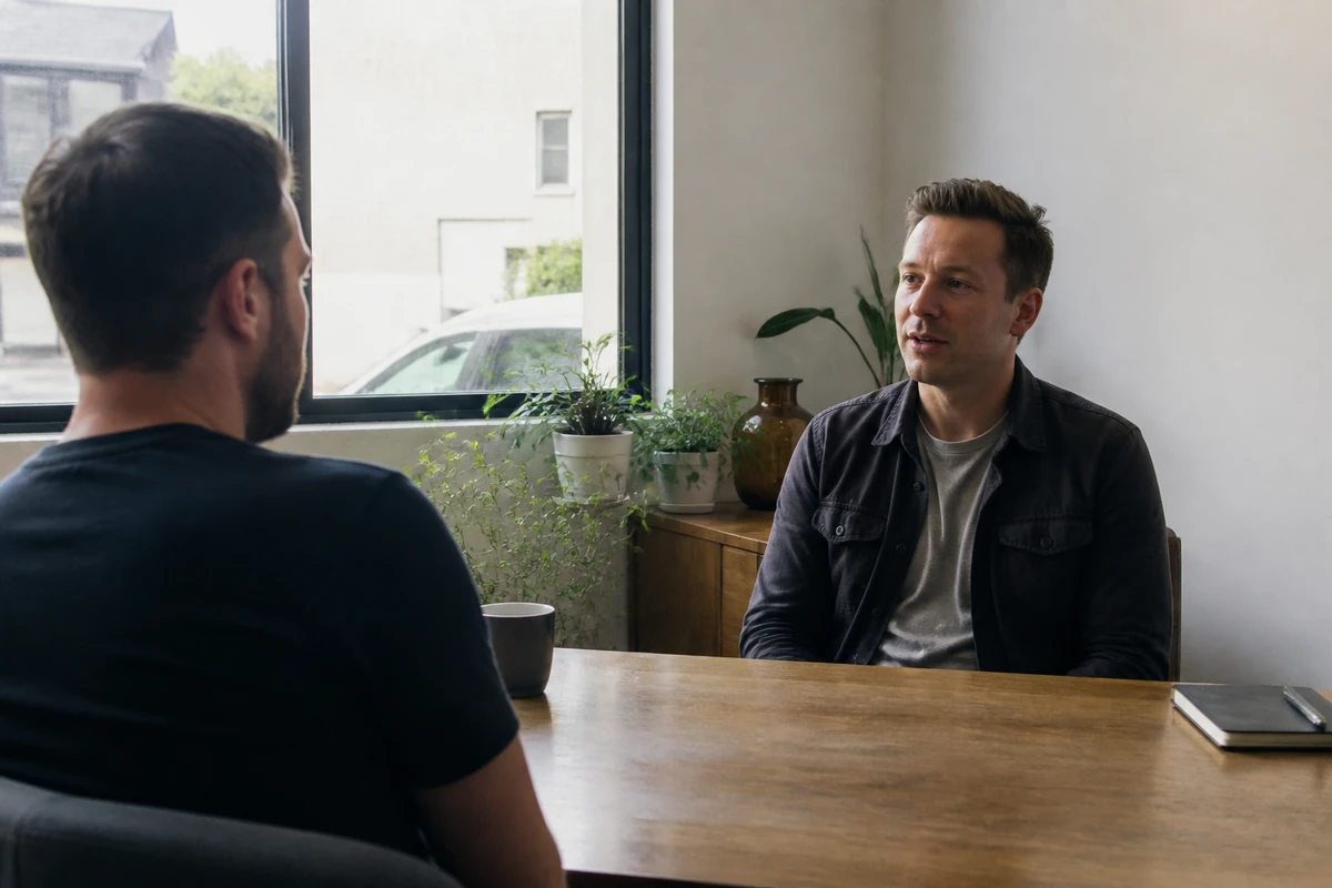 Ballarat business owner having a quiet hiring discussion with one marketing consultant in a modest office, relaxed posture