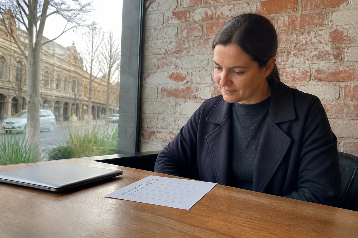 Ballarat small business owner and consultant reviewing a printed website checklist beside a closed laptop