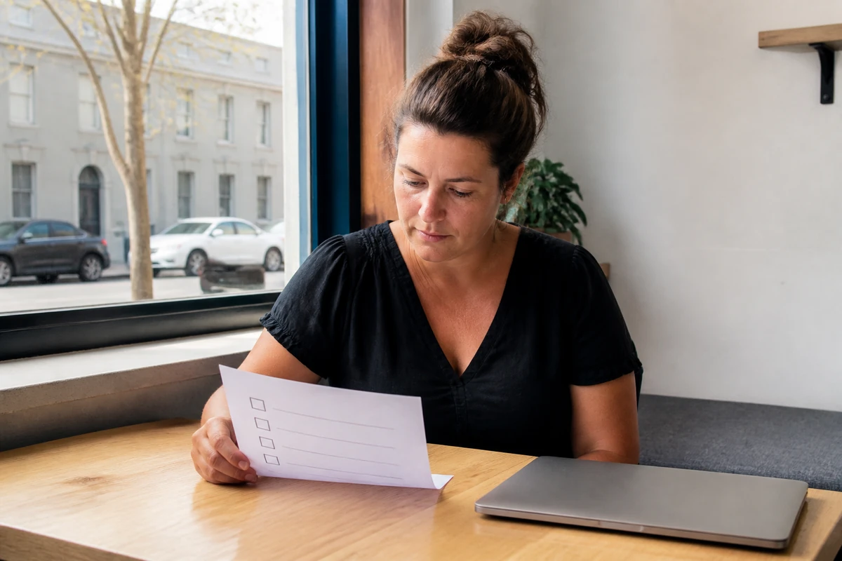 Geelong small business owner and consultant reviewing a printed website checklist beside a closed laptop