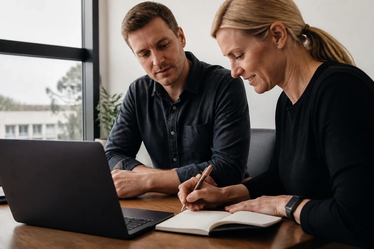 Wollongong business owner checking website notes with a consultant before spending more on marketing